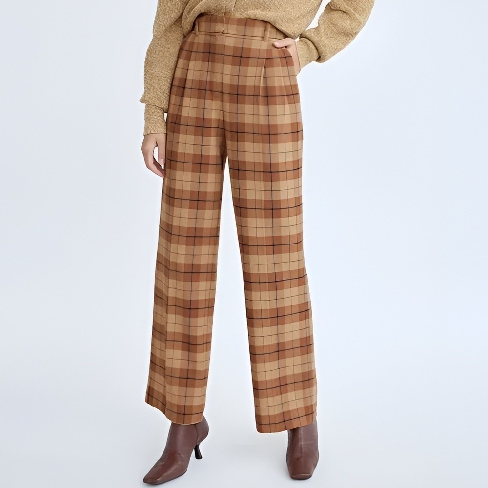 Wilfred Plaid Wide-Leg Pants in Brown and Tan